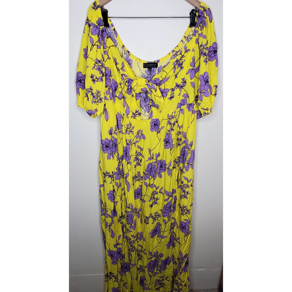 Eloquii Yellow Purple Tie Front Skirted Maxi Dress Flirty Sexy Romantic, 16 - Picture 9 of 9